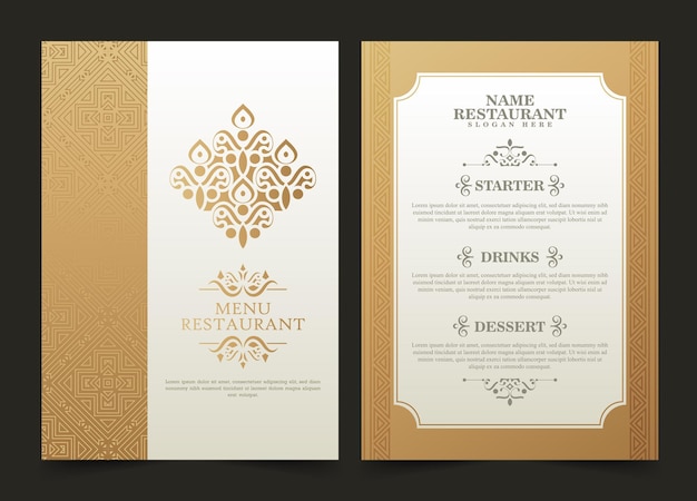 Gold restaurant menu with elegant ornamental style