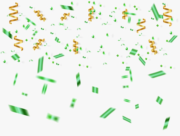 Vector gold ribbons and green confetti on white