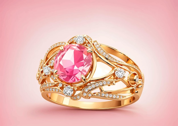 gold ring with a pink stone and diamonds on it vector illustration
