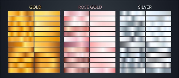 Vector gold rose gold and silver metallic gradients set template design