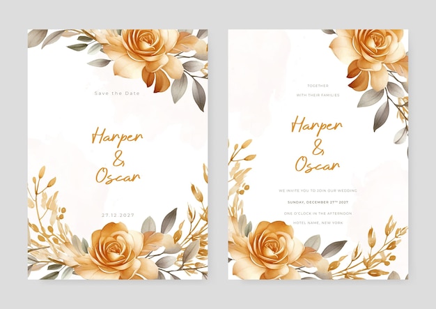 Gold rose luxury wedding invitation with golden line art flower and botanical leaves shapes watercolor