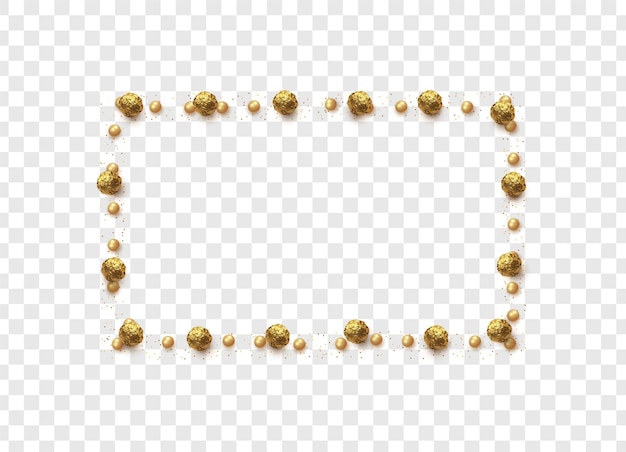 gold round chocolates in foil, pearls and scattering of glitter isolated on transparent background.