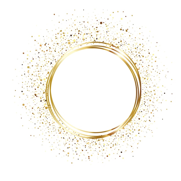 Vector gold round frame with flying glitter and sequins