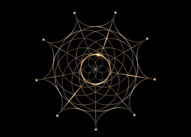 Oro geometria sacra, simbolo del seme della vita. icona del logo mandala mistico geometrico dell'alchimia esoterica