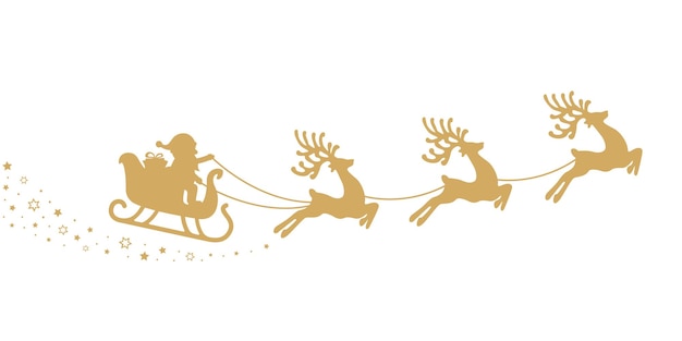 Gold santa sleigh silhouette stars white background