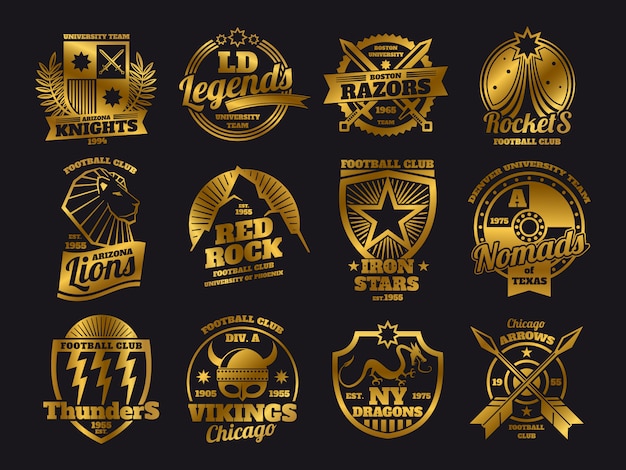 Vector gold school emblems, college athletic teams sports labels on black