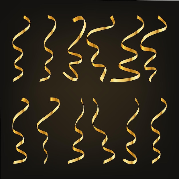 Serpentina d'oro o coriandoli su sfondo nero. illustrazione vettoriale. set di serpentine a nastro festivo.