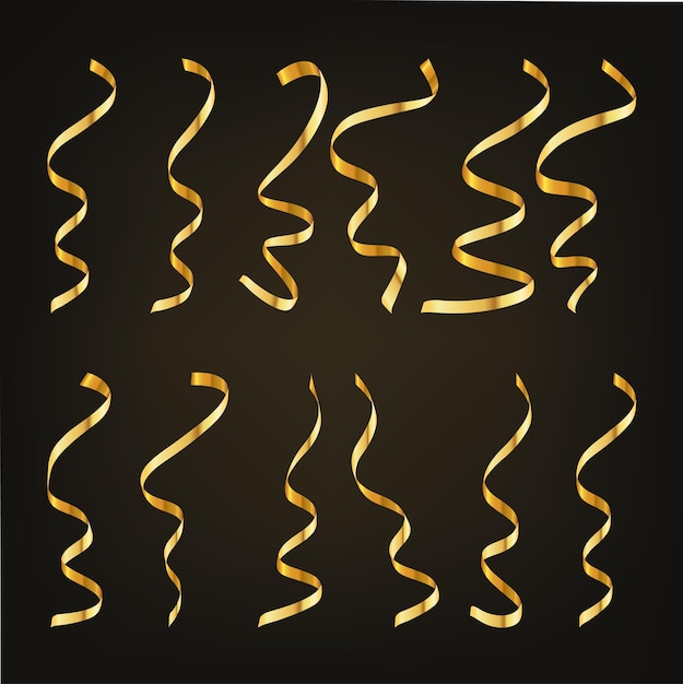 Gold serpentine or confetti on black background. vector illustration. set of festive ribbon serpentine.