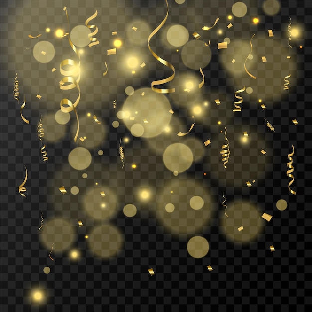 Gold serpentine and confetti isolated on black background Vector illustration