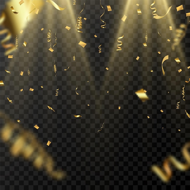 Gold serpentine and confetti isolated on black background vector illustration