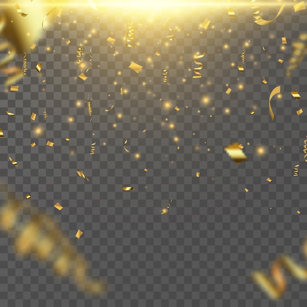 Gold serpentine and confetti isolated on black background vector illustration