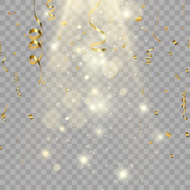 Gold serpentine and confetti isolated on black background. vector illustration.