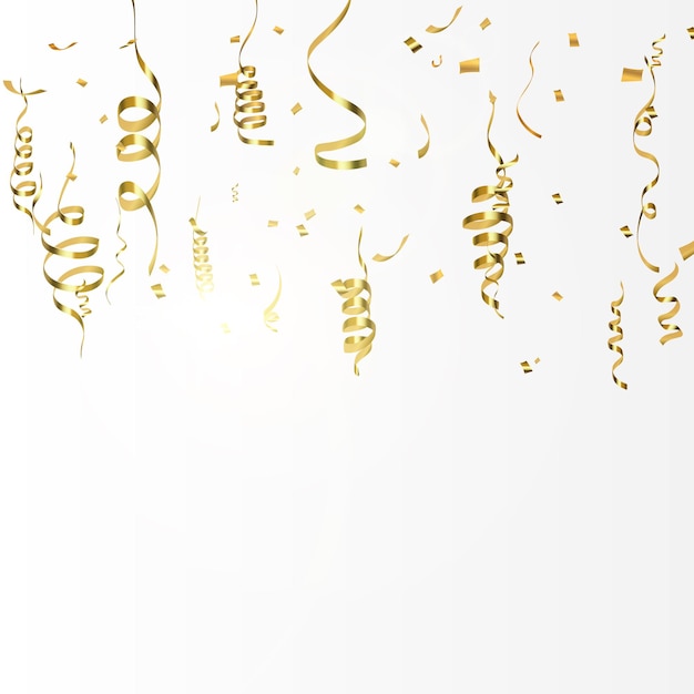 Gold serpentine and confetti isolated on black background. Vector illustration.