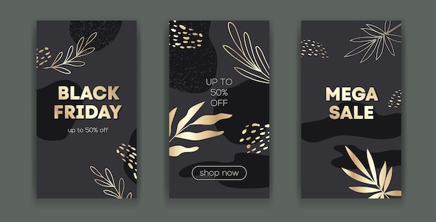 Vector gold set of black friday sale post social media