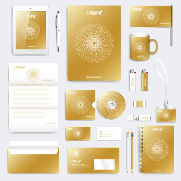 Gold set of corporate identity template. modern business stationery. branding design with round golden form connected lines and dots .