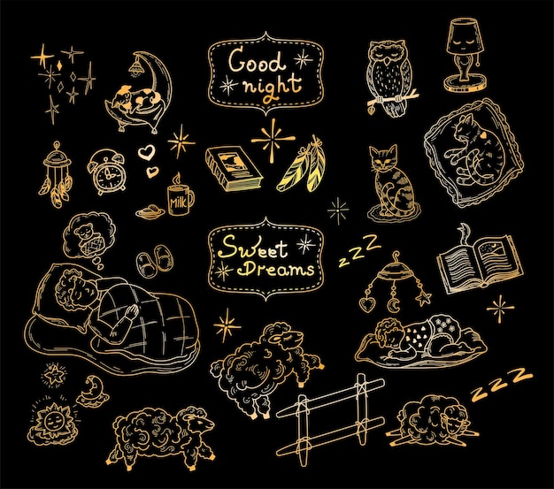 Gold set of drawings of cute handdrawn vector illustrations on the theme of sleep