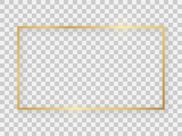 Золотая блестящая прямоугольная рамка 16x9 со светящимися эффектами и тенями на прозрачном фоне. Векторная иллюстрация