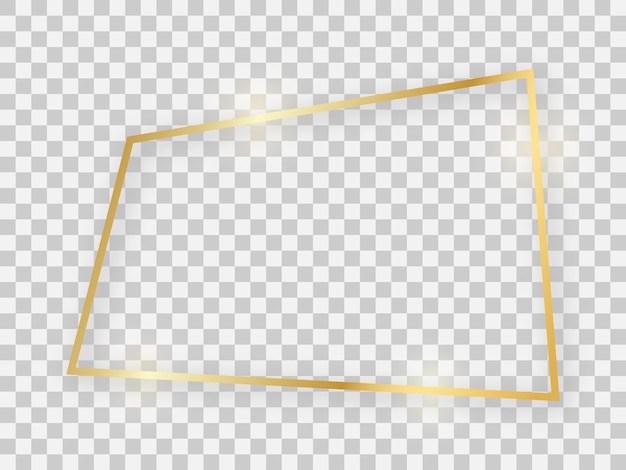 Vector gold shiny rectangular frame with glowing effects and shadows on transparent background. vector illustration