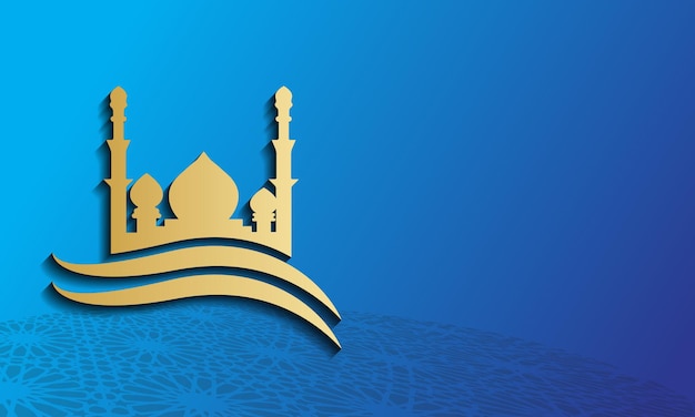 イスラム教徒の聖なる月ラマダン カリームの抽象的な青い背景概念にモスクのゴールド シルエット
