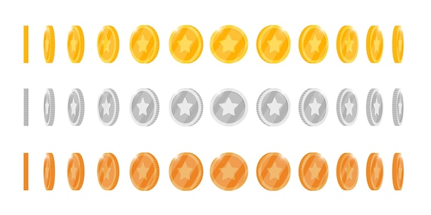 ゴールドシルバーブロンズの3dコインは、ゲームやアプリのアニメーション用に設定されたさまざまな位置を回転させます。ビンゴジャックポットカジノポーカーはローテーション要素を獲得します。現金宝の概念分離フラットepsベクトルイラスト