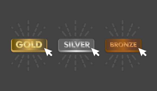 Vector gold silver and bronze buttons set with mouse click icon vector illustration.