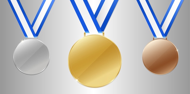 Gold silver bronze champion medals with ribbon