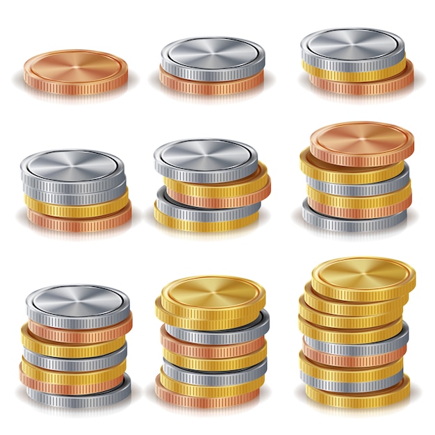 Gold, silver, bronze, copper coins stacks