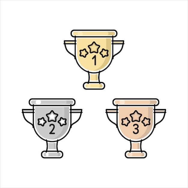 Gold silver and bronze cups of the winner for 1 2 3 prizes Color isolated image with black outline