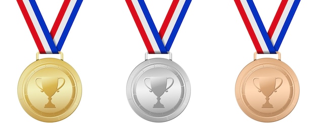 Gold silver and bronze medal Realistic medal set Prizes for winner Award with ribbon Reward isolated Vector illustration