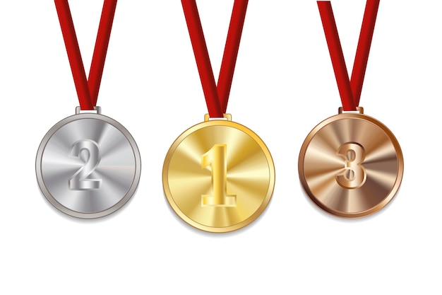 Gold silver bronze medals olympic distinction on ribbons victory rewards vector image