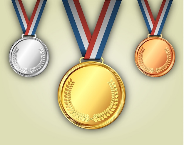 Gold silver and bronze medals on ribbons