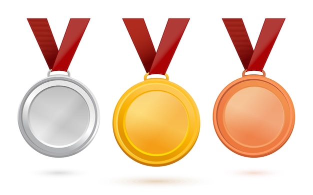 Medaglie d'oro, d'argento e di bronzo. set di medaglie sportive su un nastro rosso. modelli di medaglia con spazio libero per l'illustrazione del testo