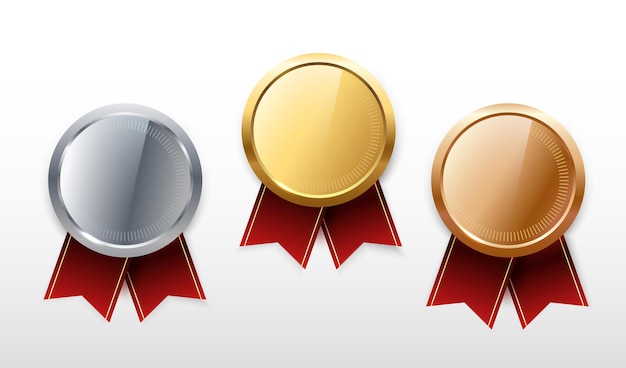 골드 실버 및 브론즈 메달 vectorChampion 및 우승자 시상식 빨간색 리본으로 설정된 스포츠 메달