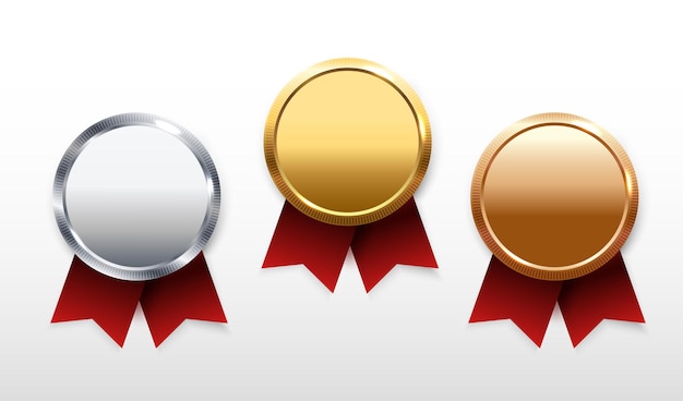 골드 실버 및 브론즈 메달 vectorChampion 및 우승자 시상식 빨간색 리본으로 설정된 스포츠 메달