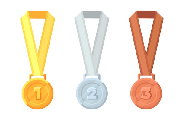 Gold silver and bronze medals with colored ribbons