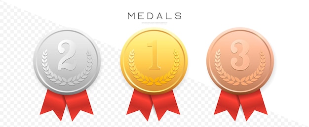 Gold Silver Bronze medals with red ribbon Vector realistic badge with First Second Third place