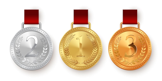 Gold silver and bronze medals with red ribbons isolated on white background