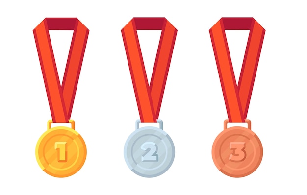 Gold silver and bronze medals with red ribbons