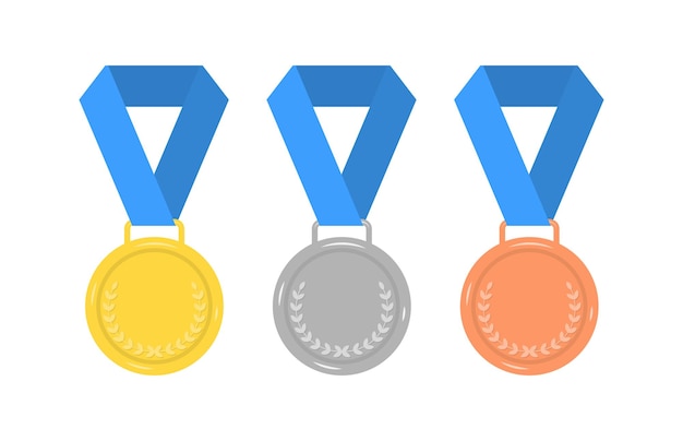 Gold silver and bronze medals with ribbons vector flat set
