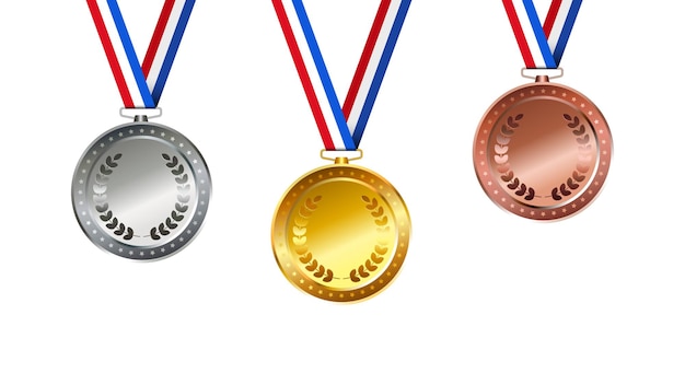 Gold silver bronze realistic sport award medals with tricolor ribbon isolated on white background