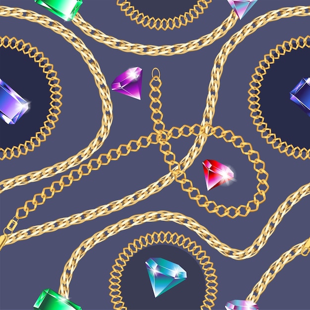 Vector gold and silver chains and precious stones make up a seamless pattern