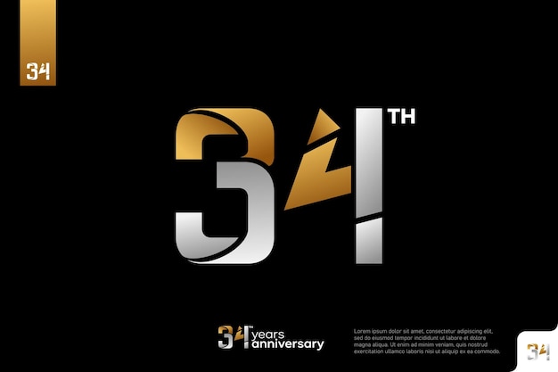 황금, 은색, 검은색 바탕에 로고 아이콘 디자인 34번째 생일, 로고 번호, 기념일 34번째