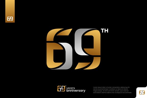 Vettore numero d'oro, argento, logo 69 su sfondo nero 69° compleanno, numero di logo 69° anniversario