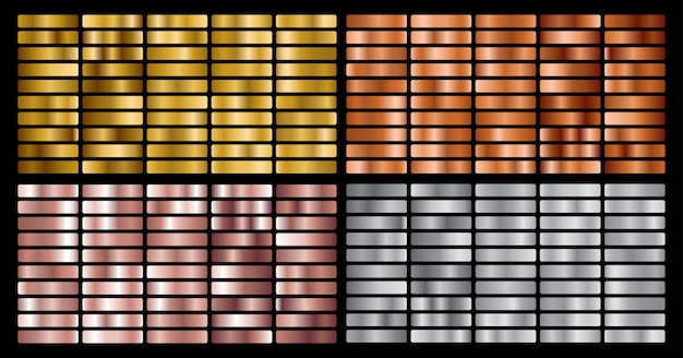 Vector gold, silver, pink, bronze metal gradient collection and gold foil texture set.