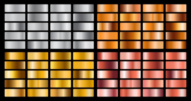 Vector gold, silver, pink, orange metal gradient collection and gold foil texture set.