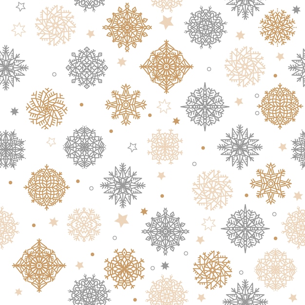 Gold and silvern snowflakes and stars seamless pattern