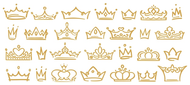 Vector gold sketch crowns, hand drown royal diadems for queen, princess, winner or champion