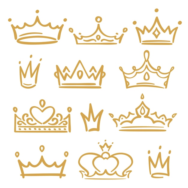 Vector gold sketch crowns various royal accessories for queen and king prince and princess hand drawn diadems