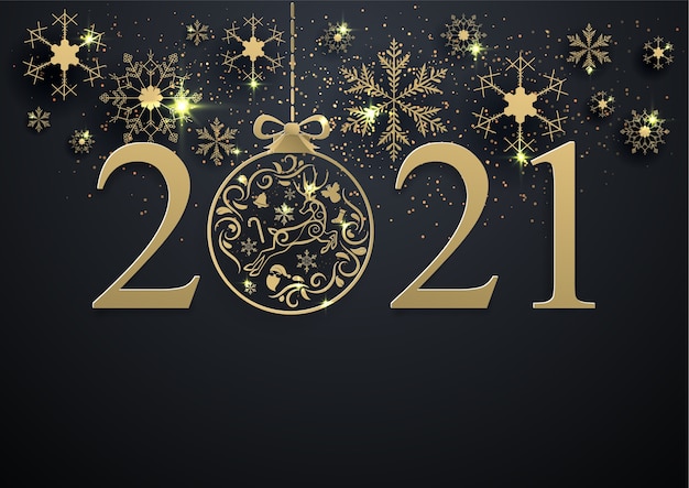 Vector gold snowflake and decoration christmas ball 2021 on black background,merry christmas ,happy new year.