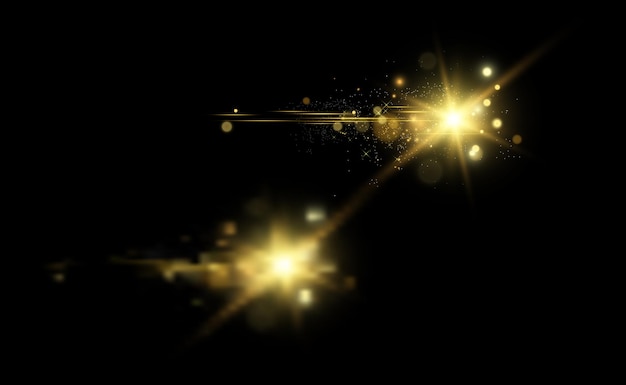 Scintille d'oro, magia, effetto di luce brillante su uno sfondo trasparente.